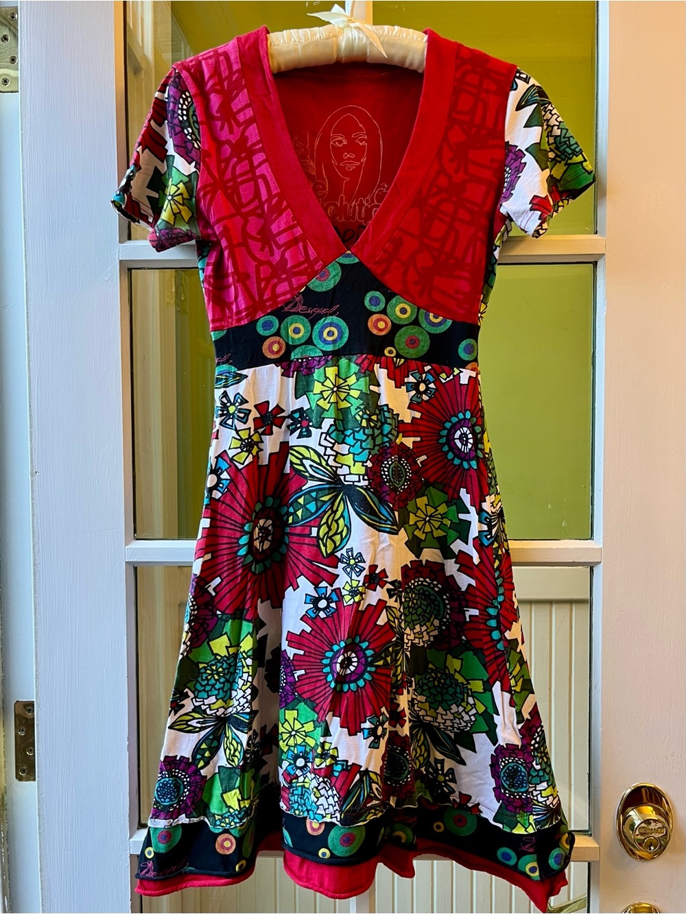 Desigual Fit & Flare Floral V-Neck Short Sleeve Dress in Red, Green, White